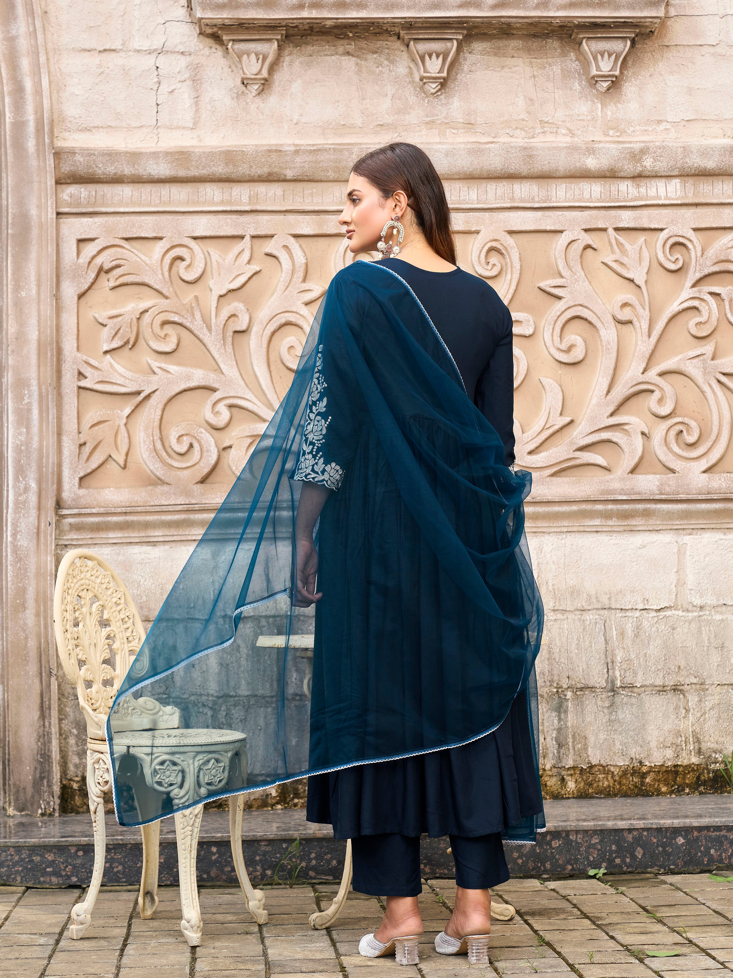 Teal color rayon white thread embroidered A-line kurta & trouser with dupatta set